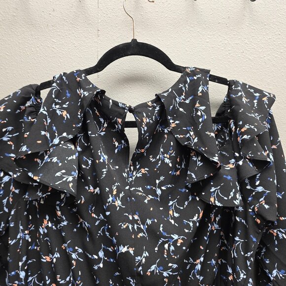 Lane Bryant Dress Womens 16P Black Floral Ruffle Cold Shoulder Belted Midi - Picture 5 of 14